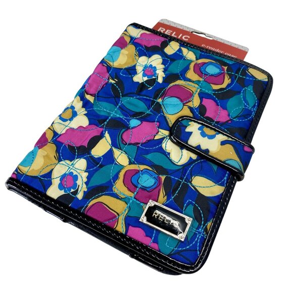 Relic Floral Quilted E-Reader Case Blue Pink Yellow Magnetic Closure - Picture 1 of 6